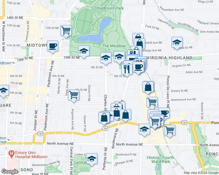 map of restaurants, bars, coffee shops, grocery stores, and more near 873 Charles Allen Drive Northeast in Atlanta