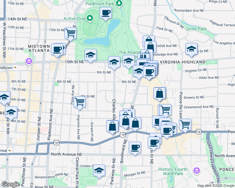 map of restaurants, bars, coffee shops, grocery stores, and more near 873 Charles Allen Drive Northeast in Atlanta