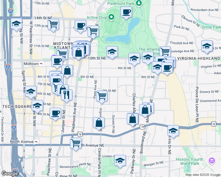 map of restaurants, bars, coffee shops, grocery stores, and more near 870 Glendale Terrace Northeast in Atlanta