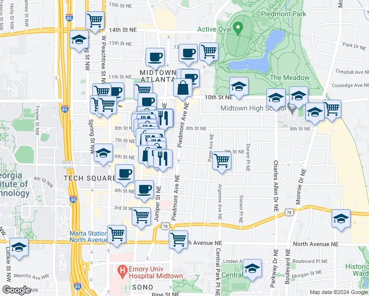 map of restaurants, bars, coffee shops, grocery stores, and more near 855 Piedmont Avenue Northeast in Atlanta