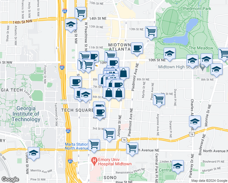 map of restaurants, bars, coffee shops, grocery stores, and more near 881 Peachtree Street Northeast in Atlanta