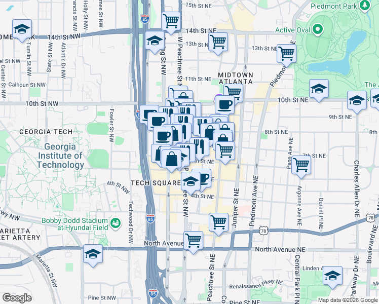 map of restaurants, bars, coffee shops, grocery stores, and more near 1303 Peachtree Street Northeast in Atlanta