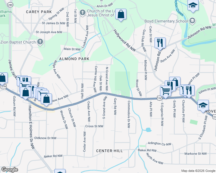 map of restaurants, bars, coffee shops, grocery stores, and more near 841 North Grand Avenue Northwest in Atlanta