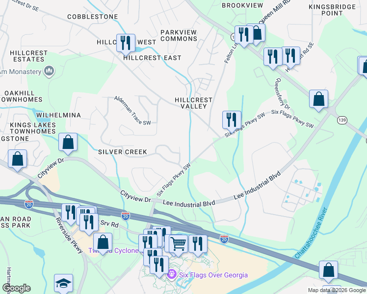 map of restaurants, bars, coffee shops, grocery stores, and more near 7329 Copperbend Court Southeast in Austell