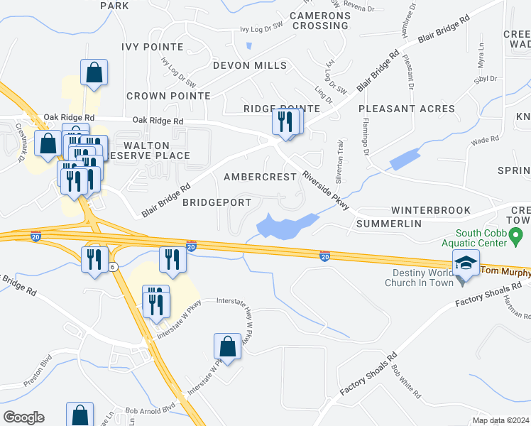 map of restaurants, bars, coffee shops, grocery stores, and more near 1325 Riverside Parkway in Austell
