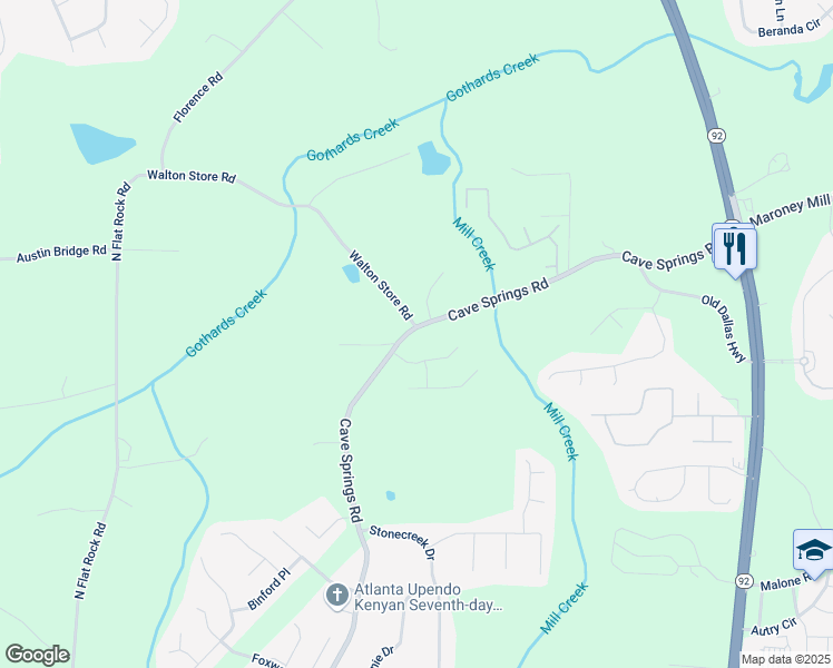 map of restaurants, bars, coffee shops, grocery stores, and more near Cave Springs Road in Douglasville