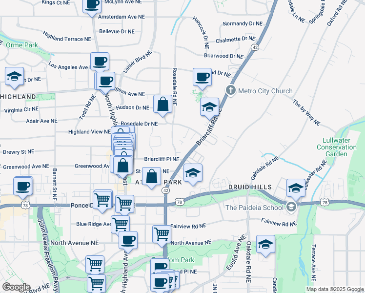 map of restaurants, bars, coffee shops, grocery stores, and more near 856 Briarcliff Road Northeast in Atlanta