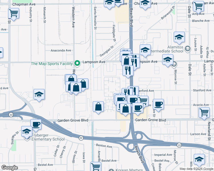 map of restaurants, bars, coffee shops, grocery stores, and more near 12640 Briarglen Loop in Stanton