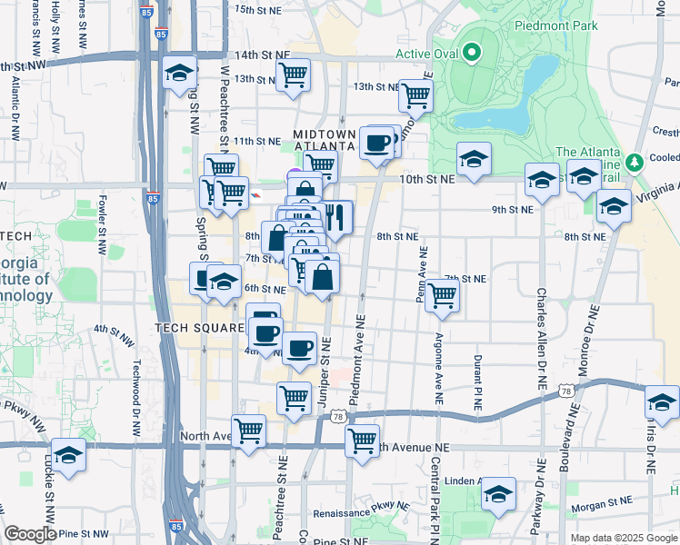 map of restaurants, bars, coffee shops, grocery stores, and more near 850 Piedmont Avenue Northeast in Atlanta