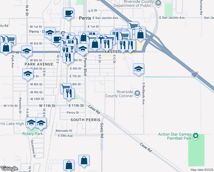 map of restaurants, bars, coffee shops, grocery stores, and more near South Ramona Drive in Perris