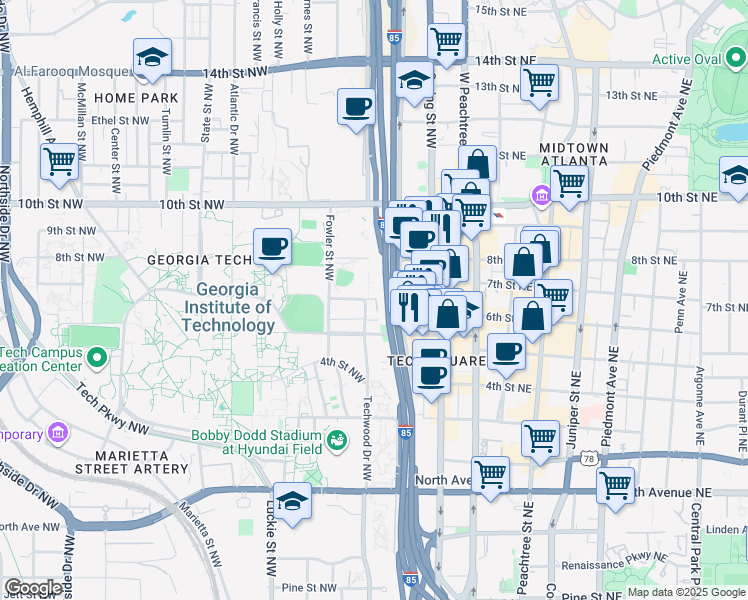 map of restaurants, bars, coffee shops, grocery stores, and more near 130 6th Street Northwest in Atlanta