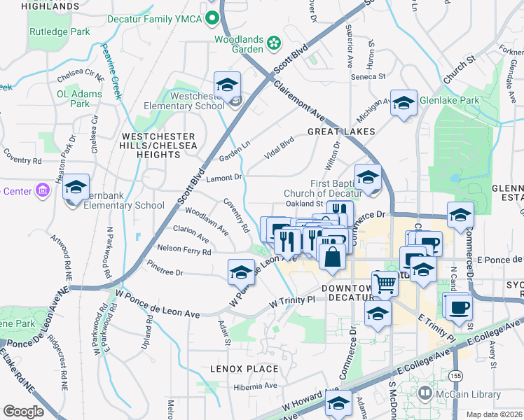 map of restaurants, bars, coffee shops, grocery stores, and more near 407 Oakland Street in Decatur
