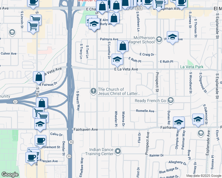 map of restaurants, bars, coffee shops, grocery stores, and more near 603 South Loretta Drive in Orange