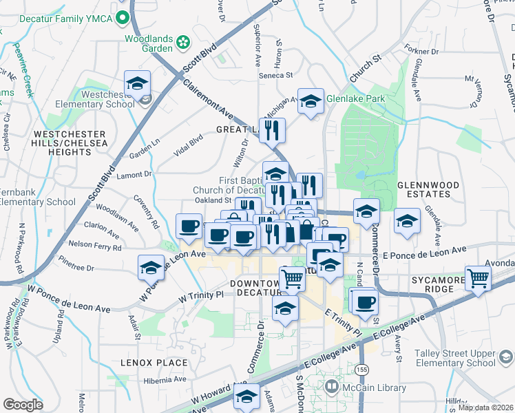 map of restaurants, bars, coffee shops, grocery stores, and more near 125 Beaumont Avenue in Decatur