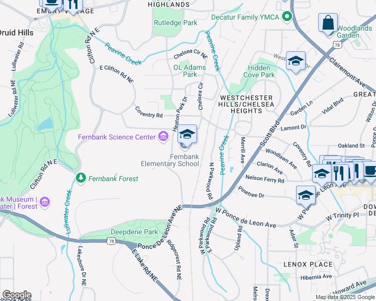 map of restaurants, bars, coffee shops, grocery stores, and more near 157 Heaton Park Drive in Atlanta