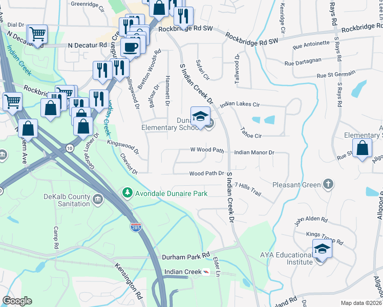 map of restaurants, bars, coffee shops, grocery stores, and more near 3916 West Wood Path in Stone Mountain