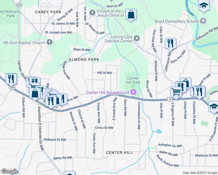 map of restaurants, bars, coffee shops, grocery stores, and more near 844 Oak Street Northwest in Atlanta