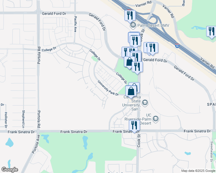 map of restaurants, bars, coffee shops, grocery stores, and more near University Park Drive in Palm Desert