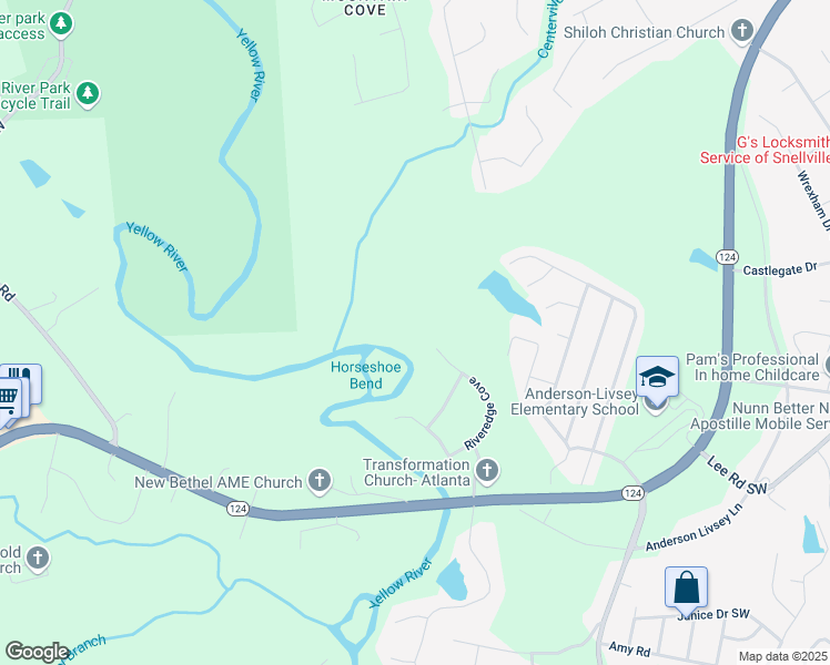 map of restaurants, bars, coffee shops, grocery stores, and more near 4614 Riveredge Cove in Snellville