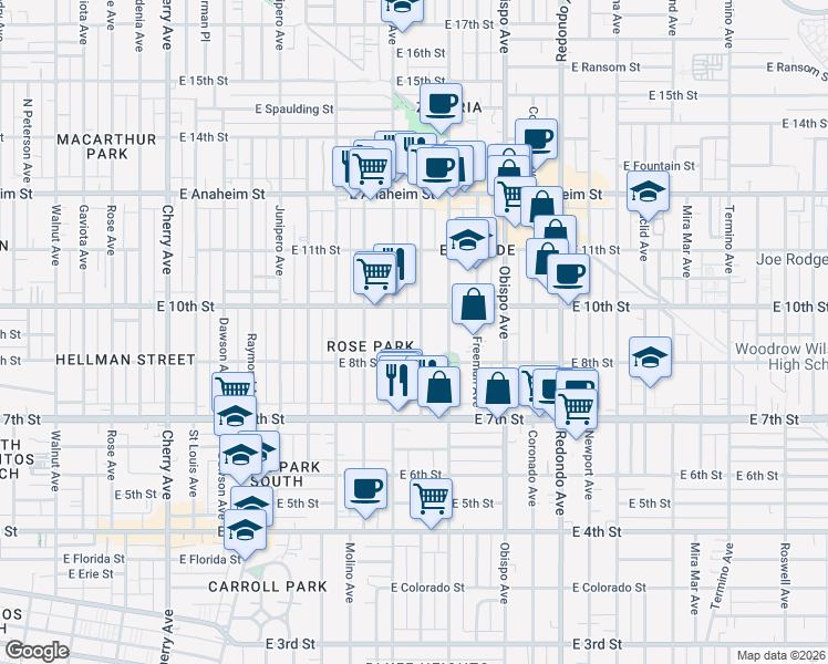 map of restaurants, bars, coffee shops, grocery stores, and more near 851 Gladys Avenue in Long Beach