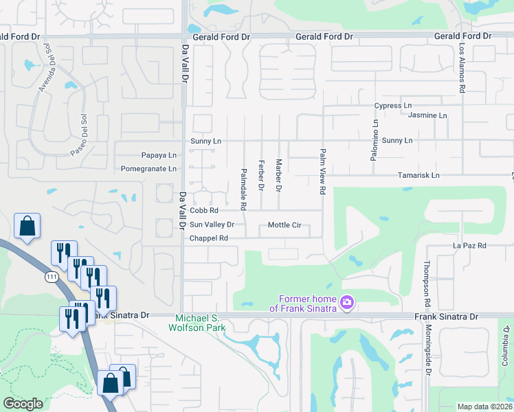 map of restaurants, bars, coffee shops, grocery stores, and more near 37223 Ferber Drive in Rancho Mirage