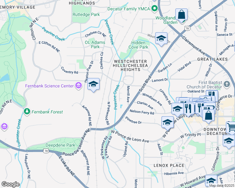 map of restaurants, bars, coffee shops, grocery stores, and more near 510 Coventry Road in Decatur