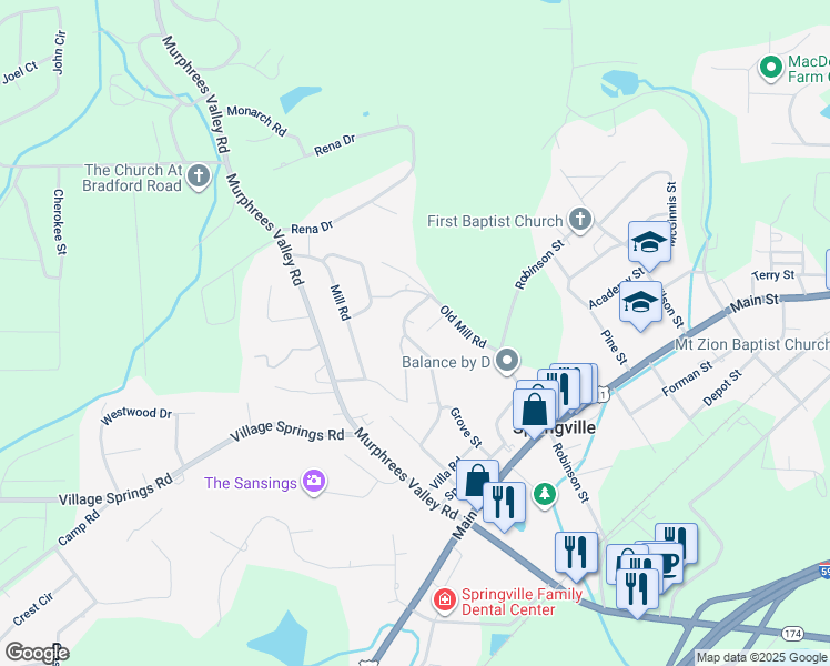 map of restaurants, bars, coffee shops, grocery stores, and more near 348 Grove Street in Springville