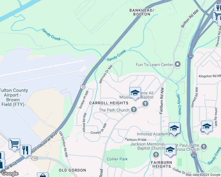 map of restaurants, bars, coffee shops, grocery stores, and more near 3656 Bolfair Drive Northwest in Atlanta