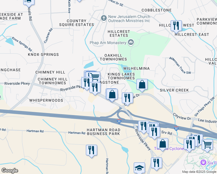 map of restaurants, bars, coffee shops, grocery stores, and more near 6991 Flagstone Drive in Austell