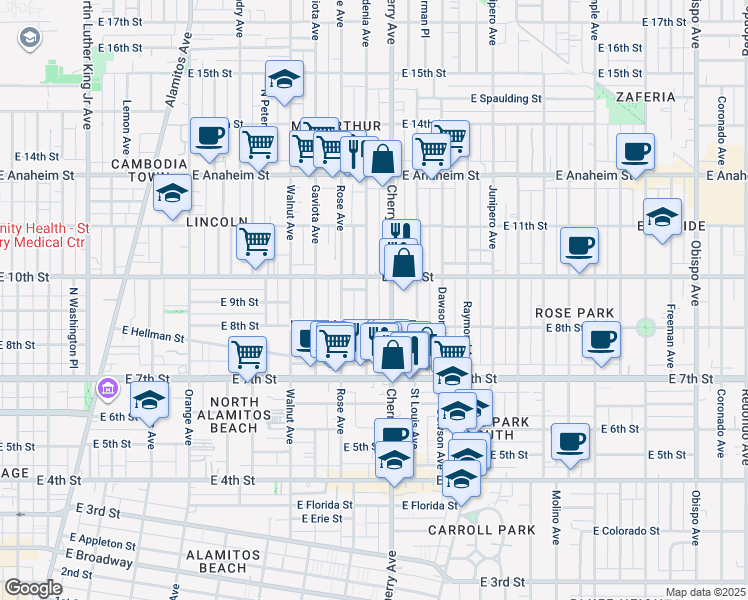 map of restaurants, bars, coffee shops, grocery stores, and more near 840 Gardenia Avenue in Long Beach