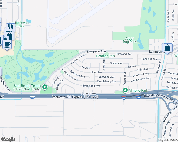 map of restaurants, bars, coffee shops, grocery stores, and more near 4357 Elder Avenue in Seal Beach