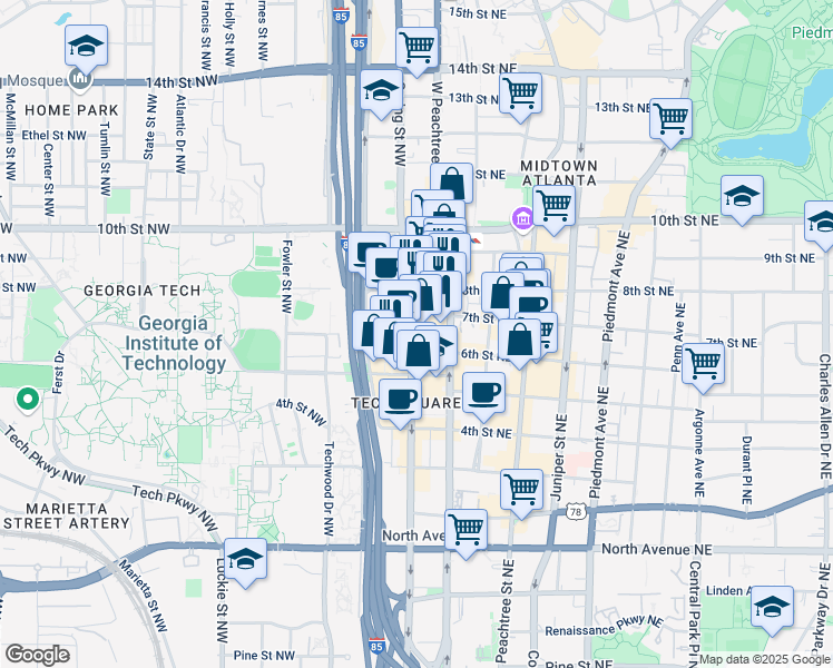map of restaurants, bars, coffee shops, grocery stores, and more near 859 Spring Street Northwest in Atlanta