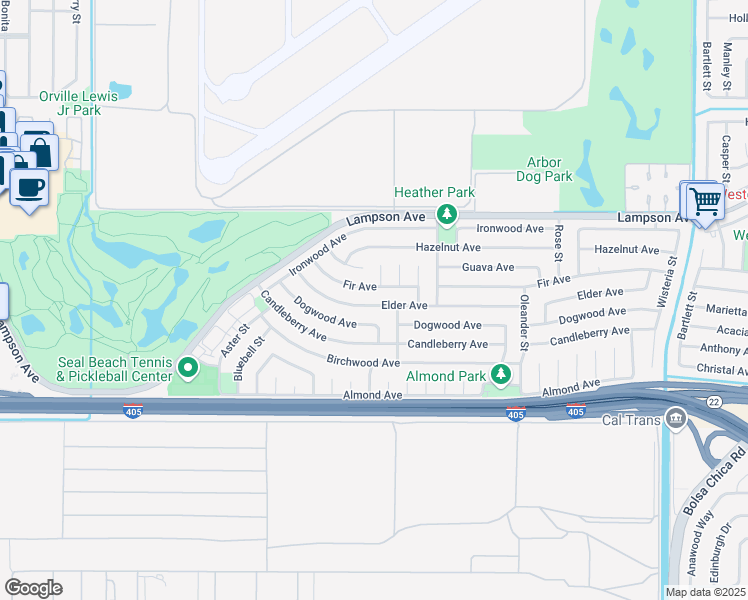map of restaurants, bars, coffee shops, grocery stores, and more near 4357 Elder Avenue in Seal Beach