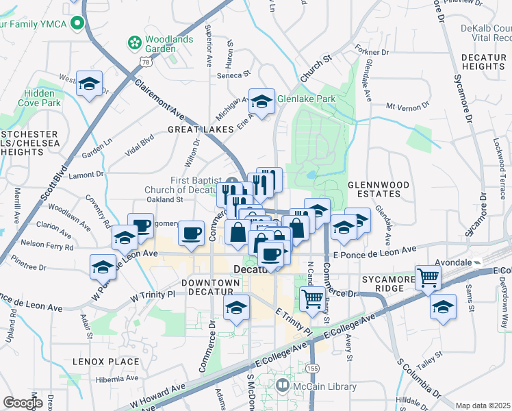 map of restaurants, bars, coffee shops, grocery stores, and more near 122 Williams Street in Decatur