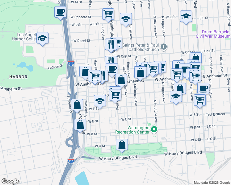 map of restaurants, bars, coffee shops, grocery stores, and more near 717 1/4 Gulf Avenue in Los Angeles