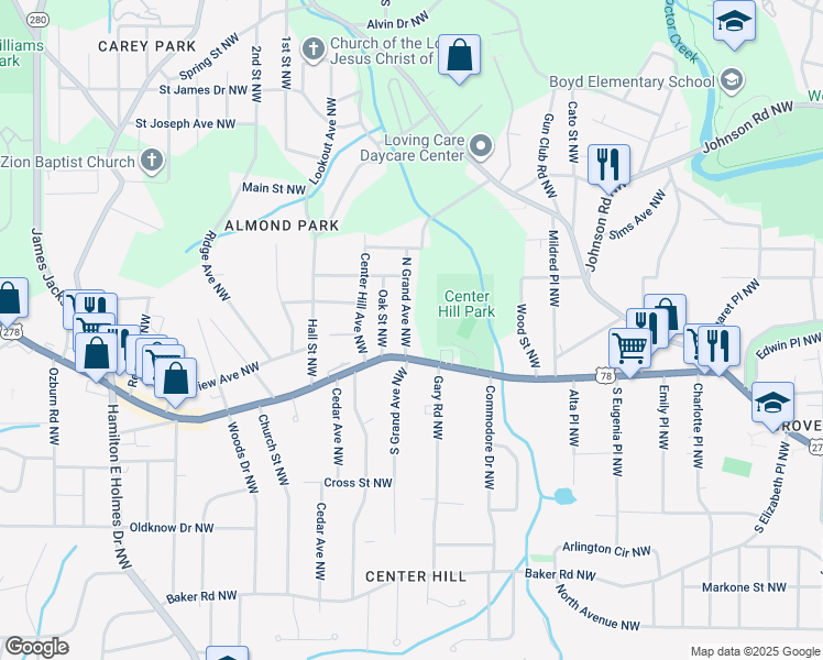 map of restaurants, bars, coffee shops, grocery stores, and more near 841 North Grand Avenue Northwest in Atlanta