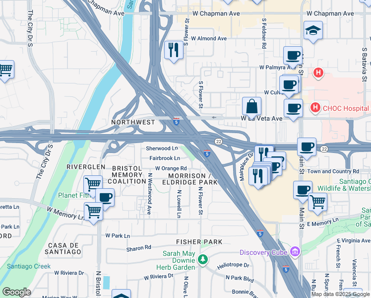 map of restaurants, bars, coffee shops, grocery stores, and more near 2937 Fallbrook Drive in Santa Ana