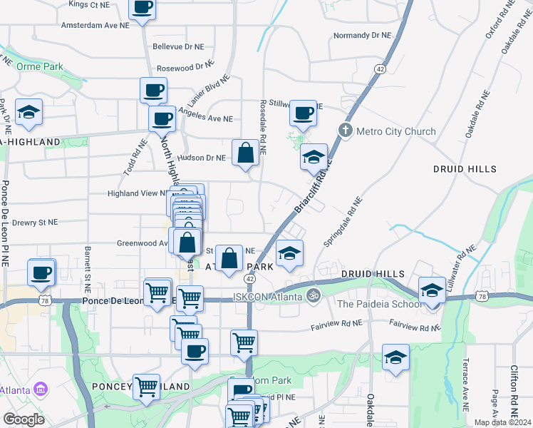 map of restaurants, bars, coffee shops, grocery stores, and more near 867 Rosedale Road Northeast in Atlanta