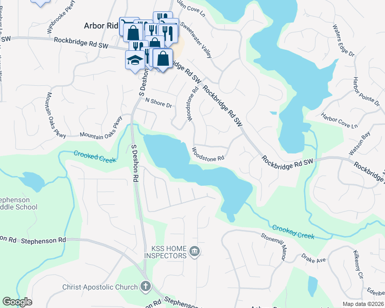 map of restaurants, bars, coffee shops, grocery stores, and more near 661 Woodstone Road in Lithonia