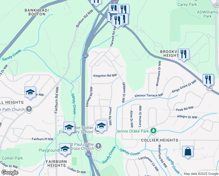 map of restaurants, bars, coffee shops, grocery stores, and more near 2361 Jones Road Northwest in Atlanta