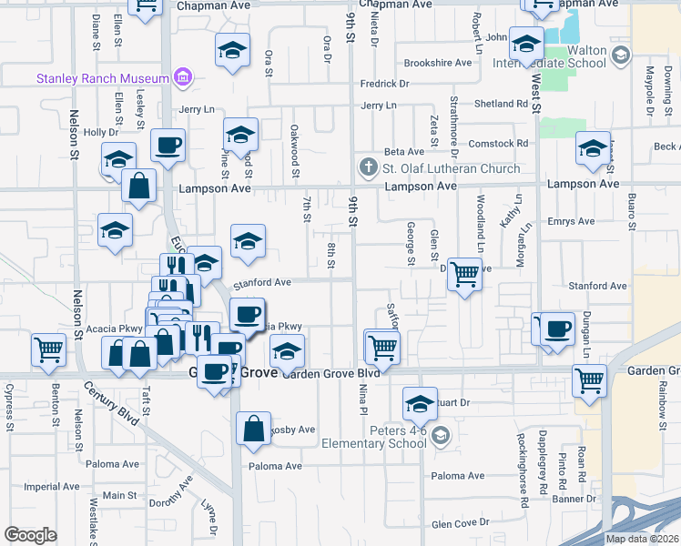 map of restaurants, bars, coffee shops, grocery stores, and more near 11441 Stanford Avenue in Garden Grove