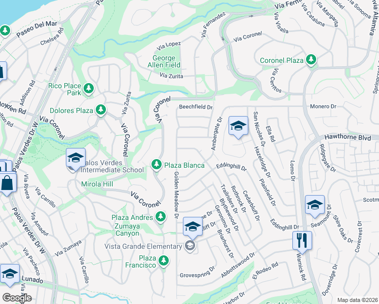 map of restaurants, bars, coffee shops, grocery stores, and more near 28231 Trailriders Drive in Rancho Palos Verdes
