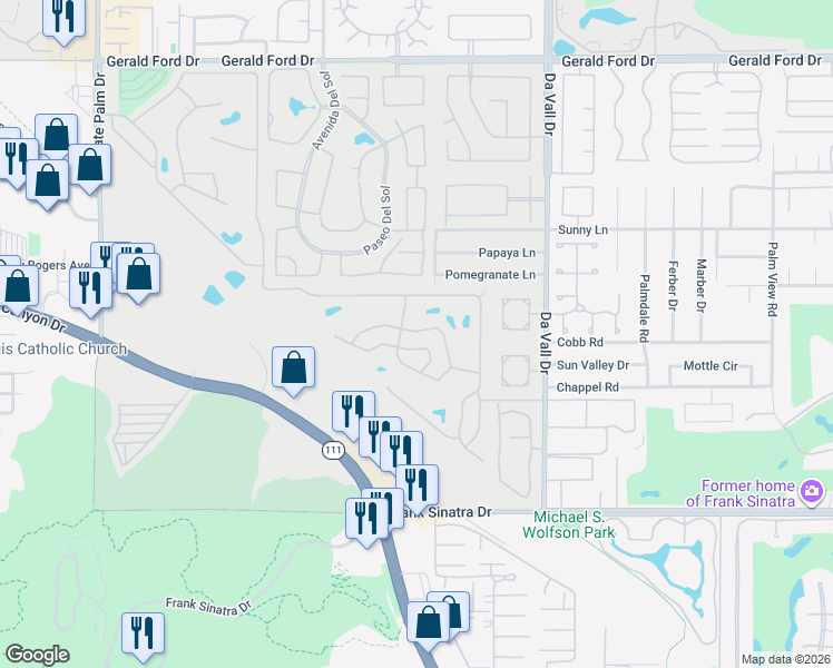 map of restaurants, bars, coffee shops, grocery stores, and more near 427 Calle Madrigal in Cathedral City