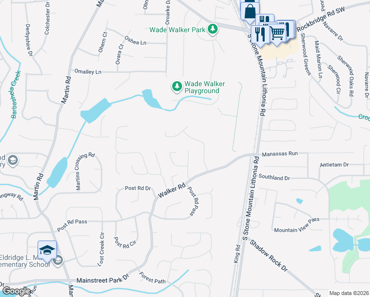 map of restaurants, bars, coffee shops, grocery stores, and more near 609 Granite Trce in Stone Mountain