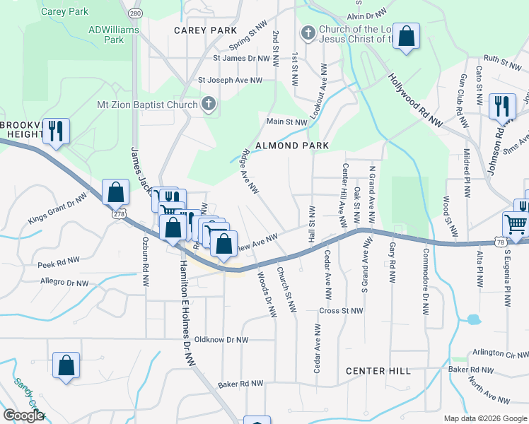 map of restaurants, bars, coffee shops, grocery stores, and more near 853 Peyton Avenue Northwest in Atlanta