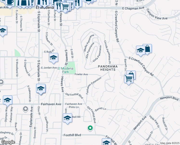 map of restaurants, bars, coffee shops, grocery stores, and more near 19031 Fowler Avenue in Santa Ana