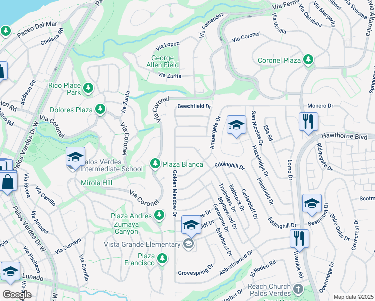 map of restaurants, bars, coffee shops, grocery stores, and more near 28231 Trailriders Drive in Rancho Palos Verdes