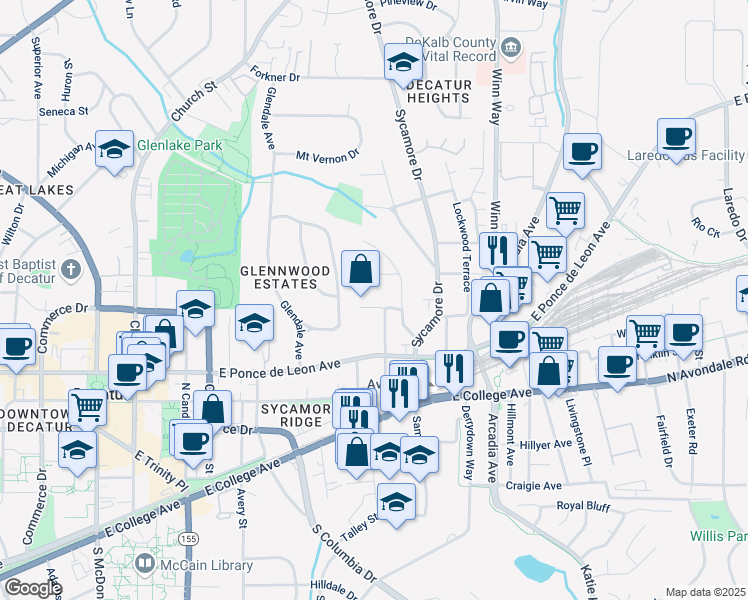 map of restaurants, bars, coffee shops, grocery stores, and more near 213 Oak Lane in Decatur