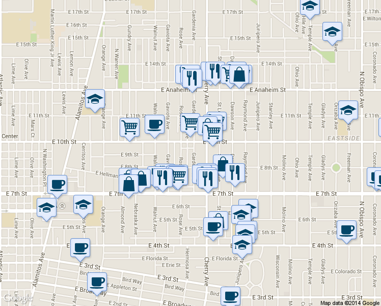 map of restaurants, bars, coffee shops, grocery stores, and more near 905 Gardenia Avenue in Long Beach