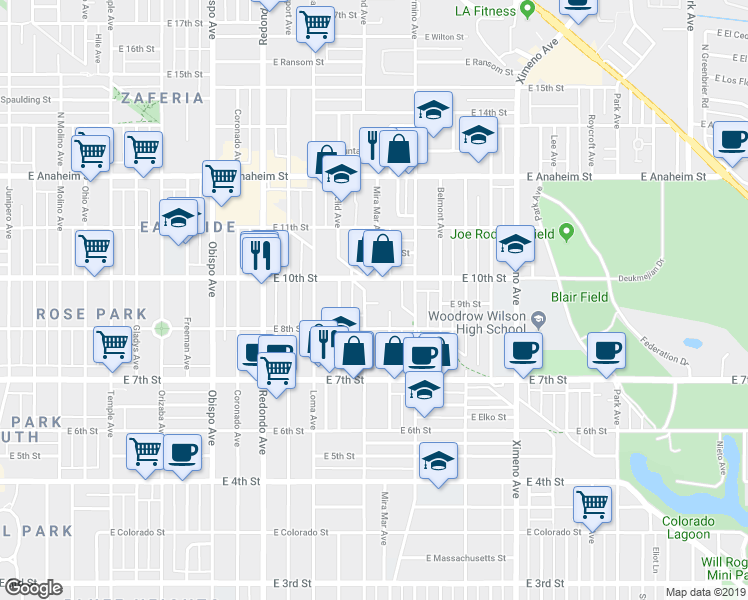 map of restaurants, bars, coffee shops, grocery stores, and more near 3815 East 9th Street in Long Beach